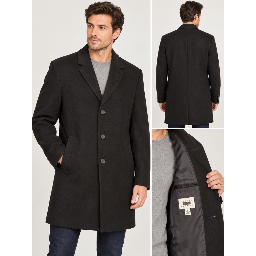 Joseph Abboud Mens Black Wool Blend Overcoat Car Coat Size 46 Regular